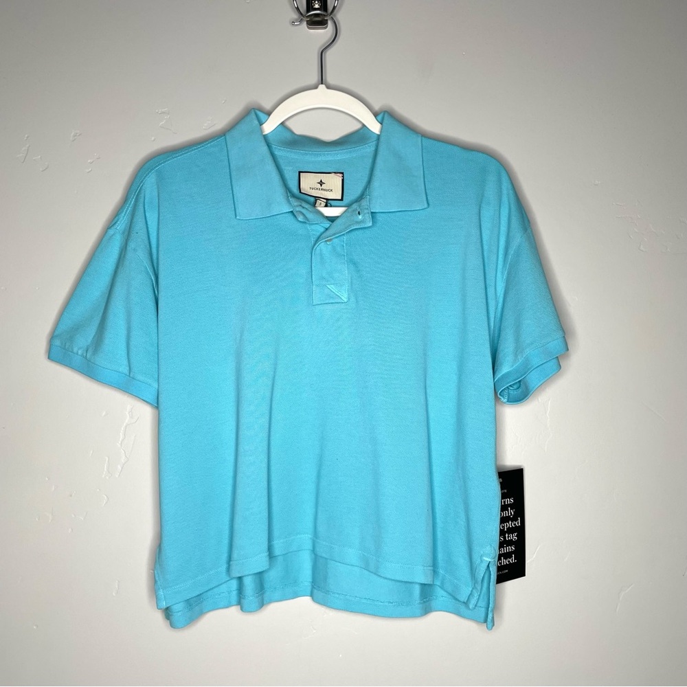 NWT Tuckernuck Cropped Polo Shirt Small Aqua Blue‎